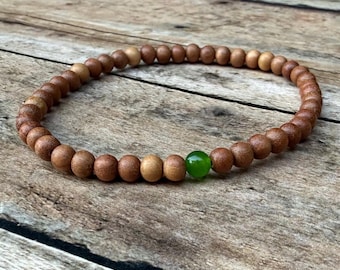 Handmade Sandalwood Bracelet with Jade Accent – Natural Wood Aromatherapy Diffuser, Stretch Jewelry, Unisex Bracelet