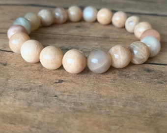Handmade Sunstone Bracelet – 10mm Genuine Multicolored Natural Stone Beads, Bold Minimalist