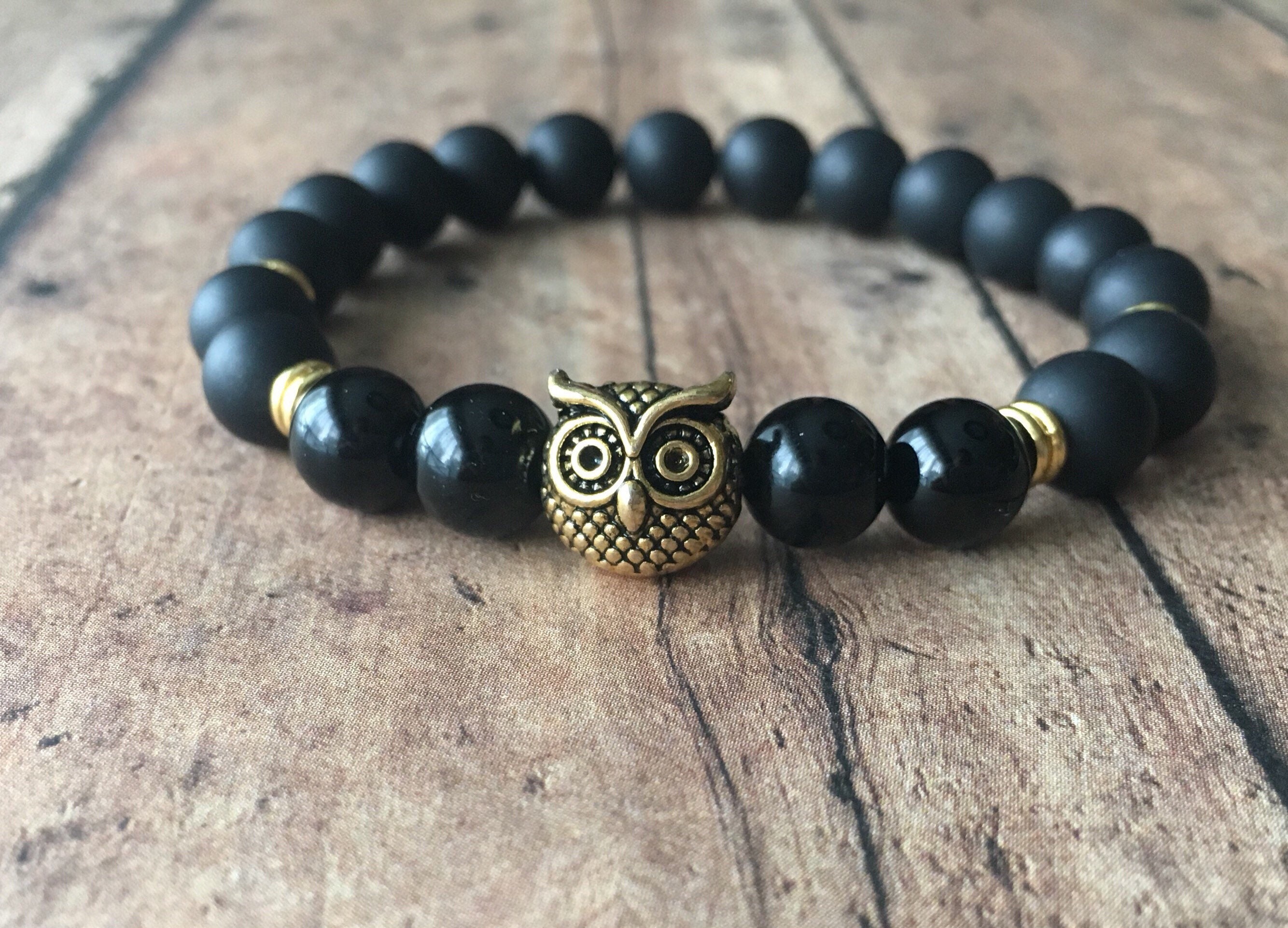 Matte Black Onyx Beaded Bracelet with Gold Owl Charm, Handmade Natural Stone Stretch Bracelet, Minim