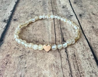 Handmade Faceted Citrine heart  Bracelet – 4mm Genuine Brazilian Gemstone Beads, Sparkling Stretch