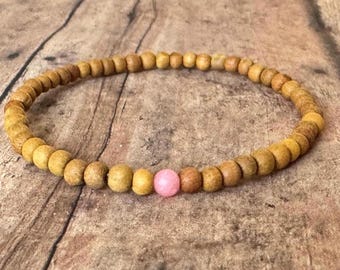 Handmade Sandalwood Bracelet with Pink Jade – Aromatherapy Diffuser Jewelry, Natural Wood Gemstone Beads, Stretch Bracelet, Unisex