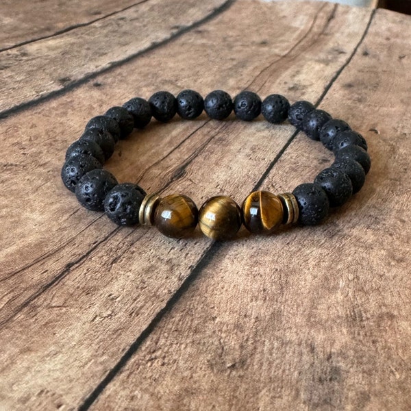 8mm lava rock Bracelet, Beaded Bracelet, Men's Bracelet, tiger eye volcanic lava bracelet, black gold bracelet, diffuser bracelet