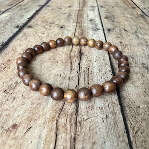 May include: A wooden bead bracelet with a natural, earthy aesthetic. The bracelet features round, polished beads in varying shades of brown, strung together to form a flexible band. The beads have a smooth texture and a subtle sheen.