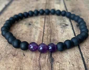 Amethyst Matte Black Onyx Beaded Bracelet – 6mm Natural Gemstone, Handmade Stretch, Unisex Jewelry Gift