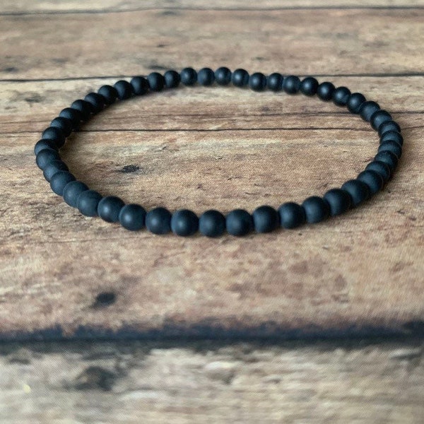 4mm genuine matte onyx beaded bracelet, natural stone bracelet, natural gemstone stretch bracelet, black  bracelet