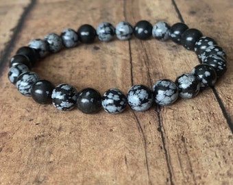 8mm snowflake obsidian bracelet, obsidian mens beaded bracelet, natural gemstone stretch bracelet, grey black bracelet