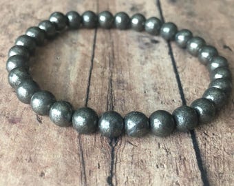 6mm Genuine Pyrite Bracelet – Natural Pyrite Mineral Gemstone Beads, Handmade Stretch Bracelet, Unisex Jewelry Gift for Men and Women