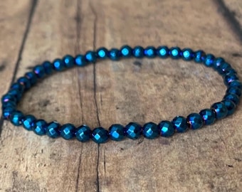 Handmade 4mm Faceted Blue Hematite Bracelet – Unisex Natural Stone Beaded Stretch Bracelet
