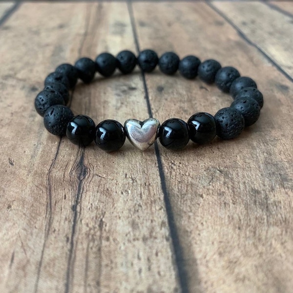 8mm Natural Lava Rock Bracelet with silver metal heart, Men women Bracelet, Black lava bracelet, heart bead bracelet