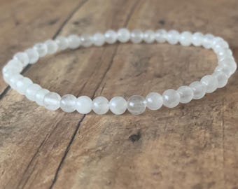 Handmade White Jade Bracelet 4mm, Minimalist Beaded Bracelet, Natural Gemstone Jewelry, Stretch Bracelet for Women, Everyday Elegant Gift