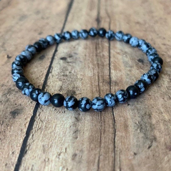 4mm snowflake obsidian bracelet, obsidian mens beaded bracelet, natural gemstone stretch bracelet, healing gemstone bracelet