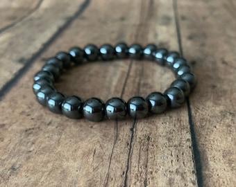 8mm Hematite Bracelet – Polished Natural Black Stone Beads, Handmade Stretch Bracelet for Men and Women