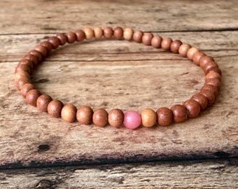 4mm Sandalwood Bracelet with Pink Jade – Aromatherapy Diffuser Jewelry, Natural Wood Beads