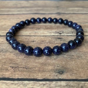 8mm Blue Goldstone Bracelet: Unisex Glittering Gemstone
