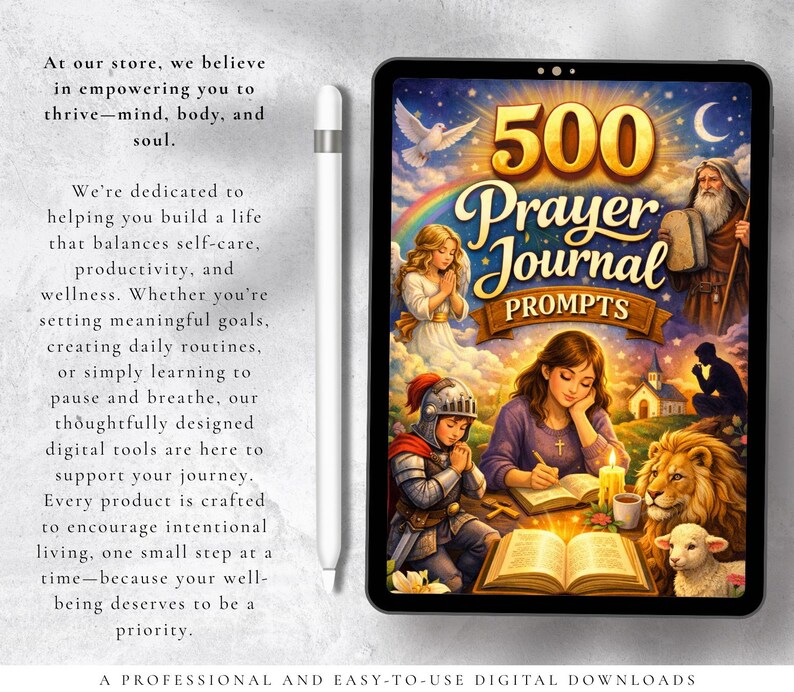 Peut inclure: Une tablette num&eacute;rique affiche une illustration color&eacute;e pour un "500 Prayer Journal Prompts". L'image pr&eacute;sente une femme &eacute;crivant, un lion, un agneau et d'autres figures religieuses. Un stylet blanc est &agrave; c&ocirc;t&eacute; de la tablette.