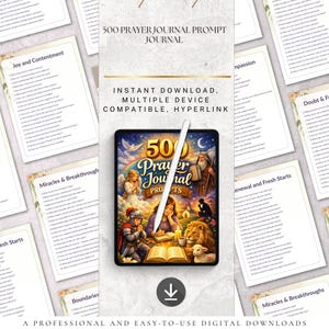 Peut inclure: Un produit num&eacute;rique &agrave; t&eacute;l&eacute;charger avec une tablette affichant "500 Prayer Journal Prompts" et un stylet. Autour de la tablette, des pages avec des invites de journal. L'image comprend &eacute;galement le texte "T&eacute;l&eacute;chargement instantan&eacute;, compatible avec plusieurs appareils, hyperlien."