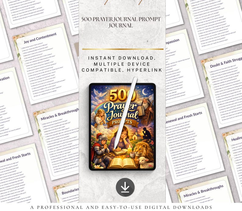 Peut inclure: Un produit num&eacute;rique &agrave; t&eacute;l&eacute;charger avec une tablette affichant "500 Prayer Journal Prompts" et un stylet. Autour de la tablette, des pages avec des invites de journal. L'image comprend &eacute;galement le texte "T&eacute;l&eacute;chargement instantan&eacute;, compatible avec plusieurs appareils, hyperlien."