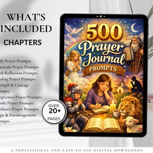 Peut inclure: T&eacute;l&eacute;chargement num&eacute;rique d'un journal de pri&egrave;res intitul&eacute; "500 Prayer Journal Prompts". La couverture pr&eacute;sente des illustrations religieuses, un lion et un agneau. Le texte comprend "What's Included Chapters" et "Over 20+ Pages".
