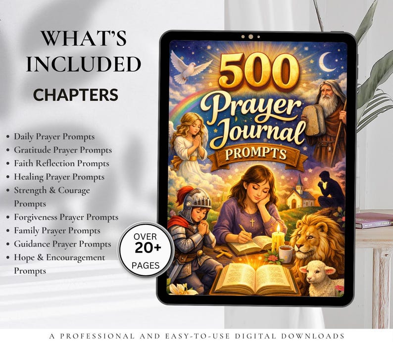Peut inclure: T&eacute;l&eacute;chargement num&eacute;rique d'un journal de pri&egrave;res intitul&eacute; "500 Prayer Journal Prompts". La couverture pr&eacute;sente des illustrations religieuses, un lion et un agneau. Le texte comprend "What's Included Chapters" et "Over 20+ Pages".