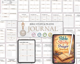 Peut inclure: Un ensemble de pages imprimables de journal d'étude biblique et de prière. Les pages comprennent des sections pour les études de personnages, les notes de sermons et la gratitude quotidienne. Une tablette affiche la couverture du journal avec le titre "Bible Study & Prayer Journal".