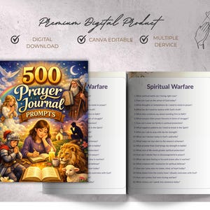 Peut inclure: T&eacute;l&eacute;chargement num&eacute;rique d'un livre de 500 invites de journal de pri&egrave;re. La couverture pr&eacute;sente une illustration color&eacute;e avec le texte "500 Prayer Journal Prompts". Le livre est ouvert sur une page intitul&eacute;e "Spiritual Warfare" avec une liste d'invites.