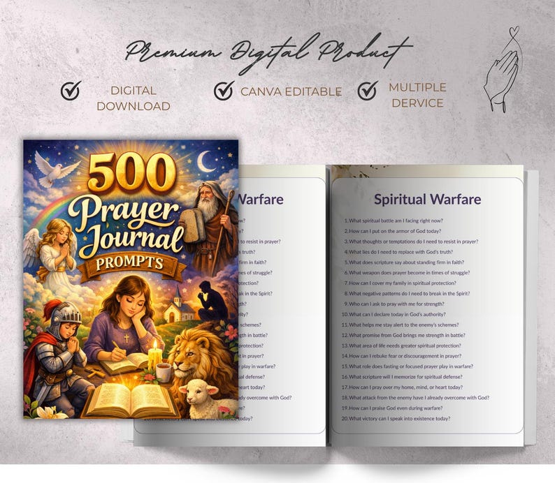 Peut inclure: T&eacute;l&eacute;chargement num&eacute;rique d'un livre de 500 invites de journal de pri&egrave;re. La couverture pr&eacute;sente une illustration color&eacute;e avec le texte "500 Prayer Journal Prompts". Le livre est ouvert sur une page intitul&eacute;e "Spiritual Warfare" avec une liste d'invites.