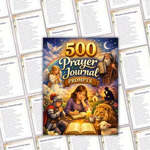 Peut inclure: Une couverture de livre color&eacute;e avec le titre "500 Prayer Journal Prompts" est entour&eacute;e de pages d'invites. La couverture pr&eacute;sente des illustrations d'un ange, d'un chevalier, d'une femme &eacute;crivant et d'un lion. L'arri&egrave;re-plan comprend un arc-en-ciel, une colombe et un croissant de lune.