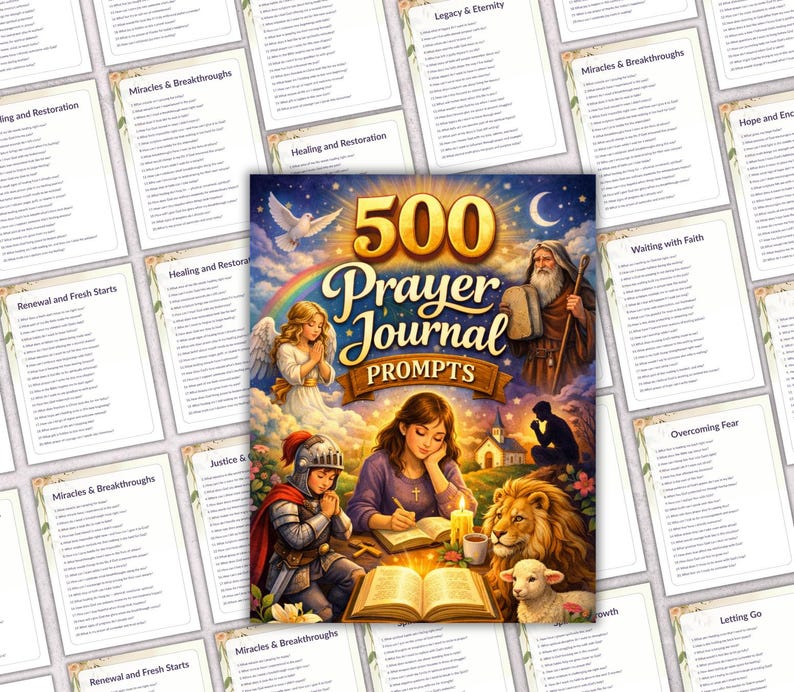 Peut inclure: Une couverture de livre color&eacute;e avec le titre "500 Prayer Journal Prompts" est entour&eacute;e de pages d'invites. La couverture pr&eacute;sente des illustrations d'un ange, d'un chevalier, d'une femme &eacute;crivant et d'un lion. L'arri&egrave;re-plan comprend un arc-en-ciel, une colombe et un croissant de lune.