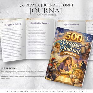 Peut inclure: Un journal color&eacute; intitul&eacute; "500 Prayer Journal Prompts" avec des illustrations de figures bibliques et un lion. Le journal est ouvert, r&eacute;v&eacute;lant des invites &agrave; la r&eacute;flexion. Le texte indique "Planner/Journal" et "A Professional and Easy-to-Use Digital Downloads."
