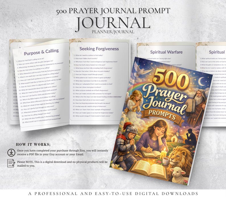 Peut inclure: Un journal color&eacute; intitul&eacute; "500 Prayer Journal Prompts" avec des illustrations de figures bibliques et un lion. Le journal est ouvert, r&eacute;v&eacute;lant des invites &agrave; la r&eacute;flexion. Le texte indique "Planner/Journal" et "A Professional and Easy-to-Use Digital Downloads."