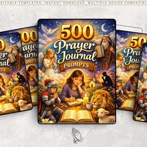 Peut inclure: Plusieurs journaux de pri&egrave;re avec le titre "500 Prayer Journal Prompts". Les couvertures pr&eacute;sentent des illustrations de figures bibliques, d'anges et d'un lion. Les journaux sont con&ccedil;us dans un style artistique fantastique, avec un arc-en-ciel et des colombes.