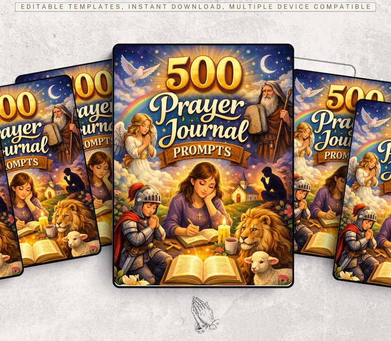 Peut inclure: Plusieurs journaux de pri&egrave;re avec le titre "500 Prayer Journal Prompts". Les couvertures pr&eacute;sentent des illustrations de figures bibliques, d'anges et d'un lion. Les journaux sont con&ccedil;us dans un style artistique fantastique, avec un arc-en-ciel et des colombes.