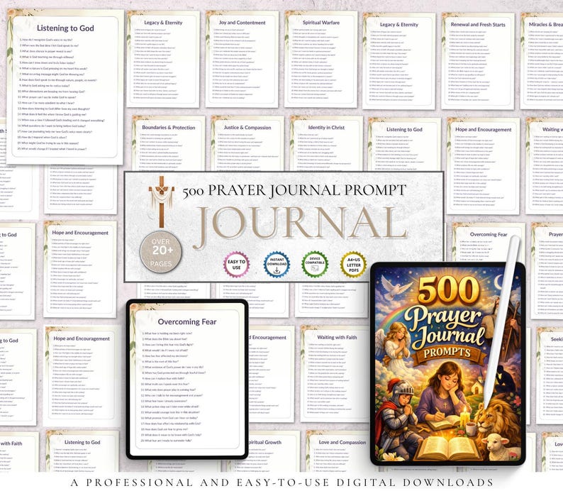 Peut inclure: L'image pr&eacute;sente des invites de journal de pri&egrave;re num&eacute;riques. Une tablette avec une couverture color&eacute;e, un stylet et des pages imprim&eacute;es avec des invites sont visibles. La banni&egrave;re centrale indique "500 Prayer Journal Prompt Journal."