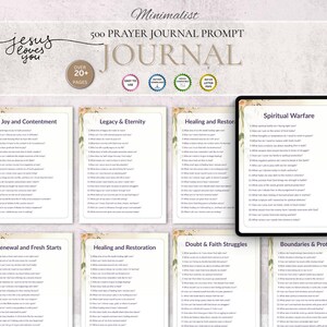 Peut inclure: Un journal de pri&egrave;re minimaliste avec le texte "Jesus loves you" et "500 Prayer Journal Prompt". Le journal comprend des invites sur des sujets tels que la joie, la gu&eacute;rison et la guerre spirituelle. Le design pr&eacute;sente des accents floraux et une tablette num&eacute;rique.