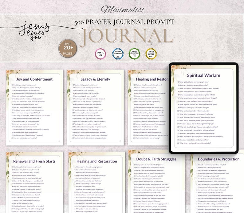 Peut inclure: Un journal de pri&egrave;re minimaliste avec le texte "Jesus loves you" et "500 Prayer Journal Prompt". Le journal comprend des invites sur des sujets tels que la joie, la gu&eacute;rison et la guerre spirituelle. Le design pr&eacute;sente des accents floraux et une tablette num&eacute;rique.
