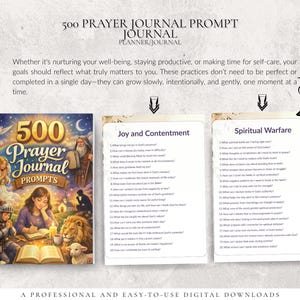 Peut inclure: T&eacute;l&eacute;chargement num&eacute;rique d'un journal de pri&egrave;res intitul&eacute; "500 Prayer Journal Prompts". La couverture pr&eacute;sente une illustration d'une femme &eacute;crivant, un lion, un agneau et d'autres personnages. Deux pages listent des questions.