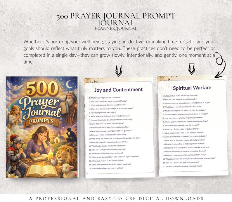 Peut inclure: T&eacute;l&eacute;chargement num&eacute;rique d'un journal de pri&egrave;res intitul&eacute; "500 Prayer Journal Prompts". La couverture pr&eacute;sente une illustration d'une femme &eacute;crivant, un lion, un agneau et d'autres personnages. Deux pages listent des questions.
