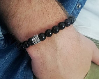 Bracelet homme en perles onyx noir et argent