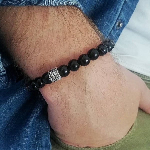 Bracelet homme en perles onyx noir et argent