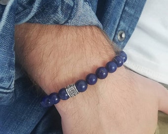 Bracelet homme en perles lapis lazuli et argent