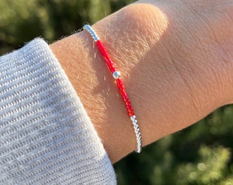 Pulseira feminina em prata 925 e contas Miyuki vermelhas
