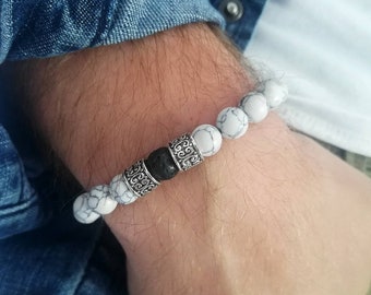 Bracelet homme en perles howlite, pierre de lave et argent