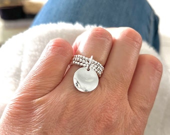 Bague 3 rangs en argent 925 avec médaille ondulée