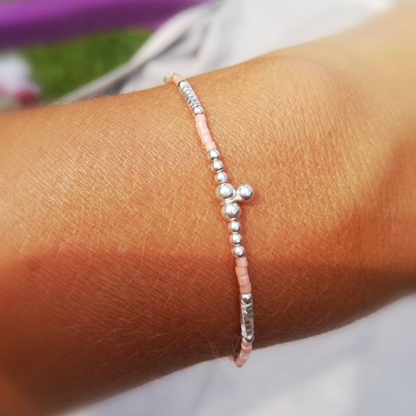 Elastic bracelet in 925 silver and pale pink Miyuki beads