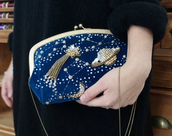 Cosmic clutch,embroidered handbag,space hand bag,small bag,hand made,space clutch,hand bag,blue clutch,goldwork