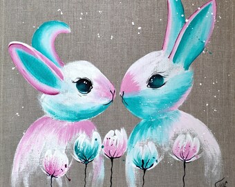 Easter Bunny Table Runner Hand-painted Bunny Rabbit Burlap Art | Etsy