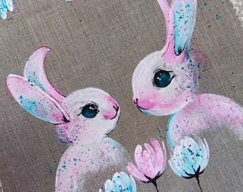 Easter Bunny Table Runner Hand-painted Bunny Rabbit Burlap Art | Etsy