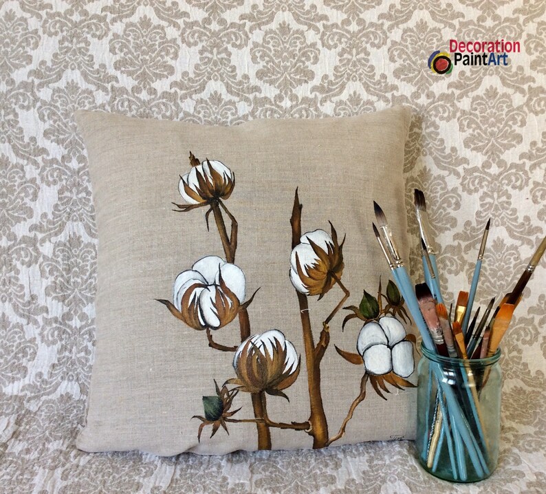 Hand-painted Cotton Boll Pillow Cover Farm Style Decor Rustic Entryway WeddingBride Cottage Indoor Outdoor Burlap gifts for grandmothers