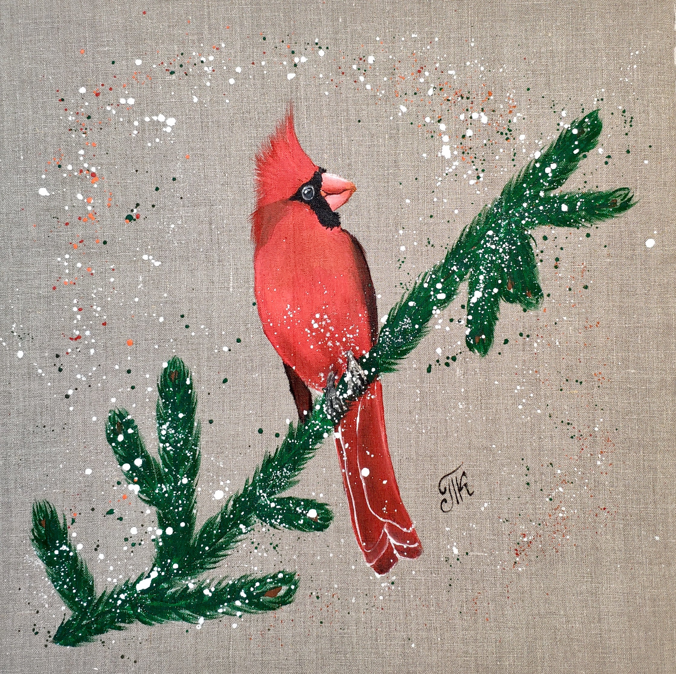Hand painted Christmas Pillow Cover Red Cardinal Snow Tree Etsy