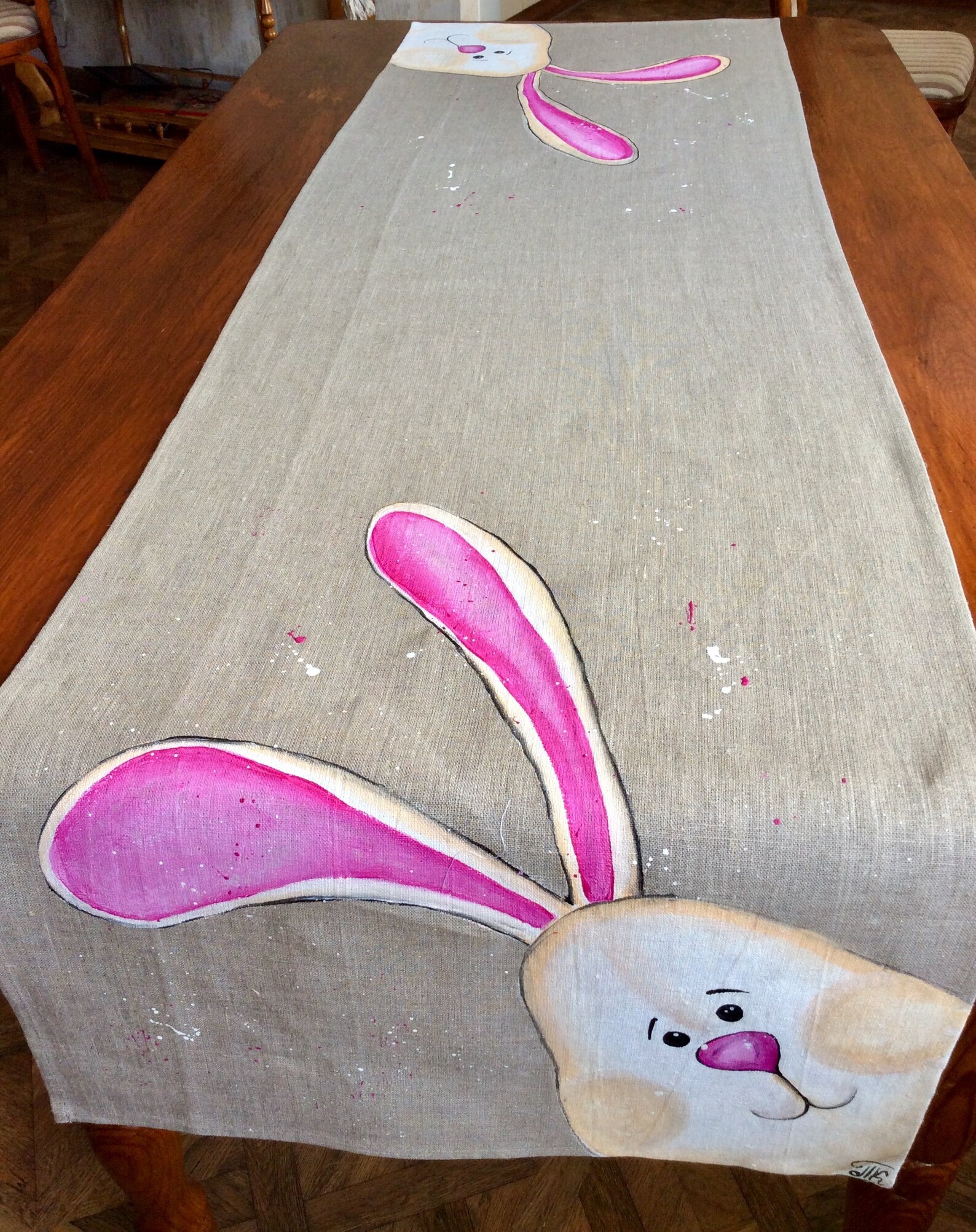 Easter Bunny Table Runner Handpainted Bunny Rabbit Burlap Etsy